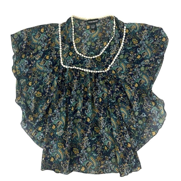 Cotton Express Paisley Sheer Flutter Sleeve Blouse Womens Large Boho Top - Picture 1 of 6